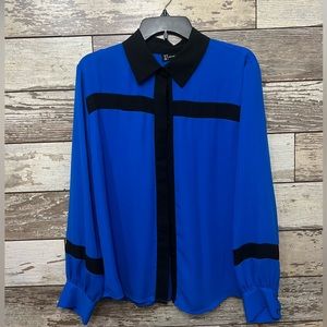 New York and Company Royal and Black Dress Blouse - large